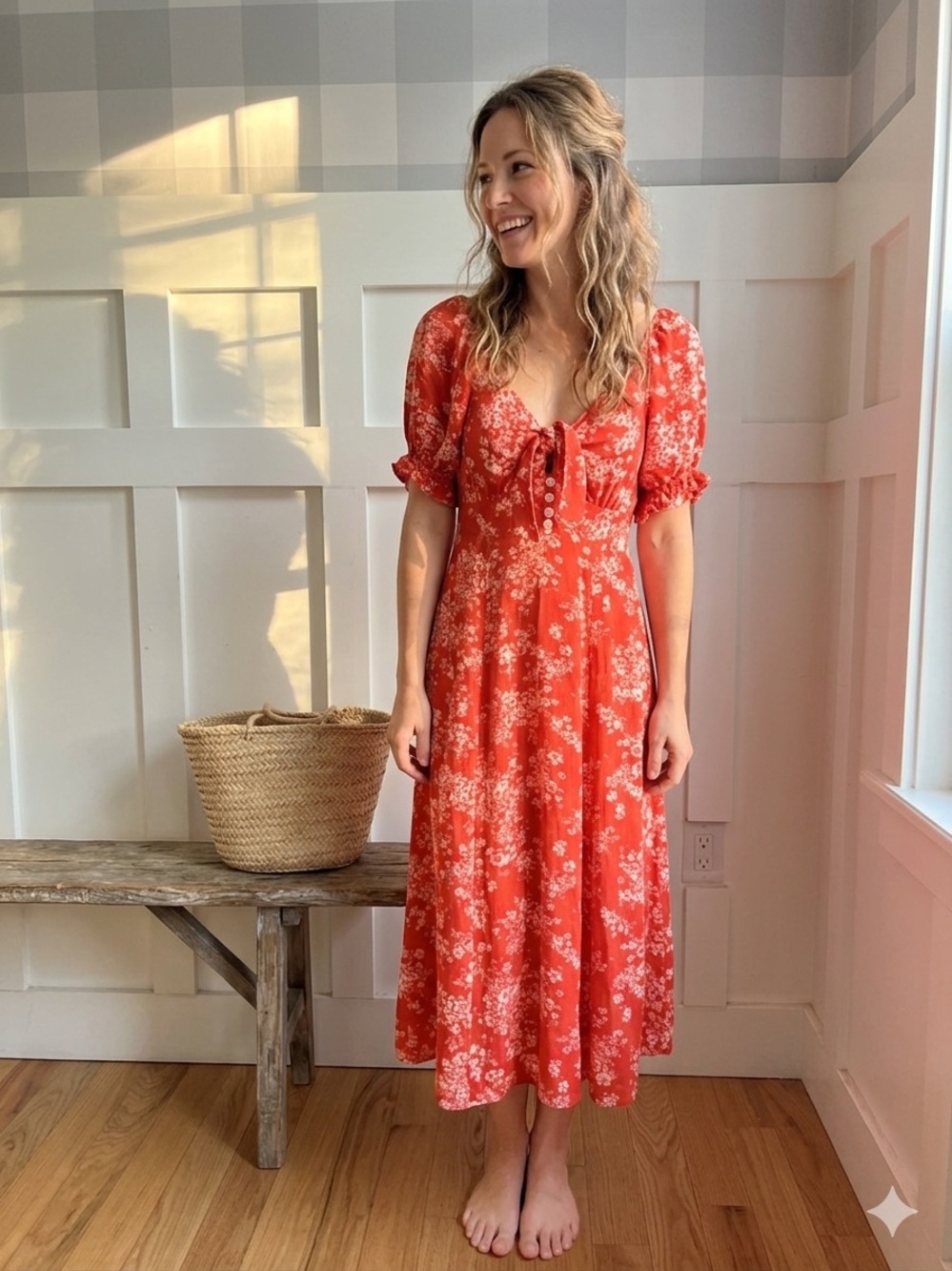 Tie-Front Floral Midi Dress in Coral Red 12